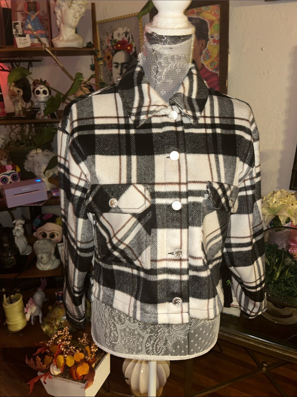 Zara Black & White Plaid Utility Jacket